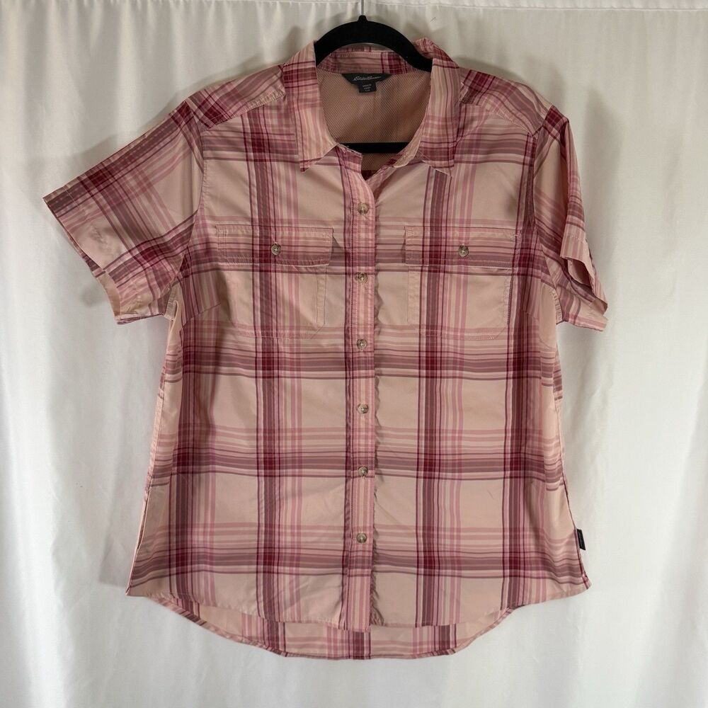 Eddie Bauer Hiking Fishing Shirt Women's Large Pink Plaid Button Up Short Sleeve